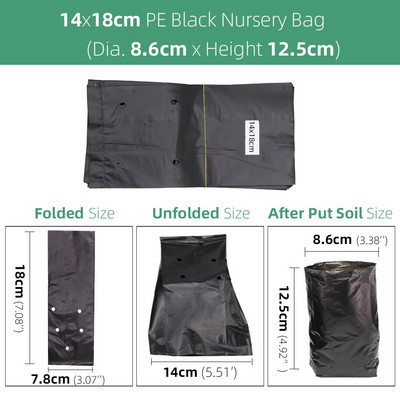 100/200 DB 14 méretű PE ültetés palántanevelő zacskók vastag fekete táptasakok légáteresztő mezőgazdasági termesztési faiskolai tasak