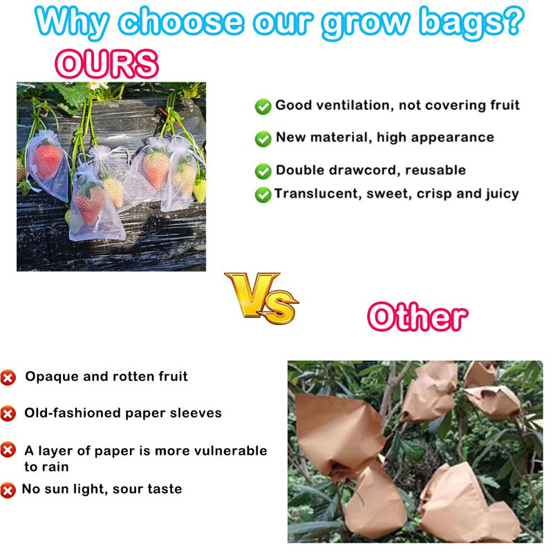 50db Grow Bag Szőlőgyümölcs védőhálós zacskók húzózsinórral Kerti Zöldségháló védőtakarók kártevőirtás madárellenes