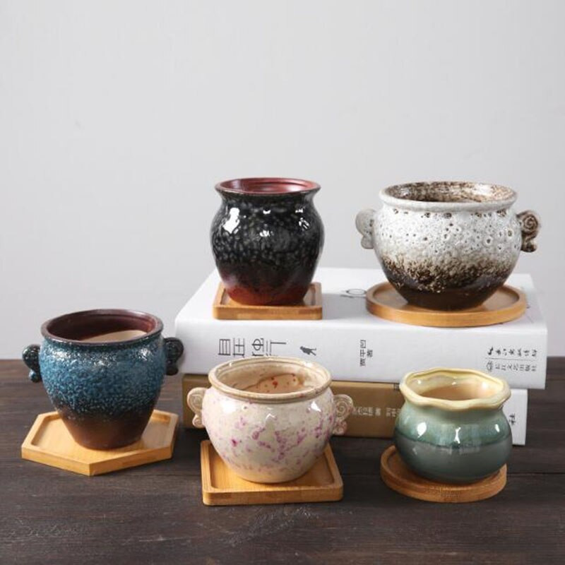 Fából készült tartók húsos virágcserepekhez Kerámia virágcserép tálca pohártartó Húsos bonsai párna bambusz tálca Home Graden dekoráció