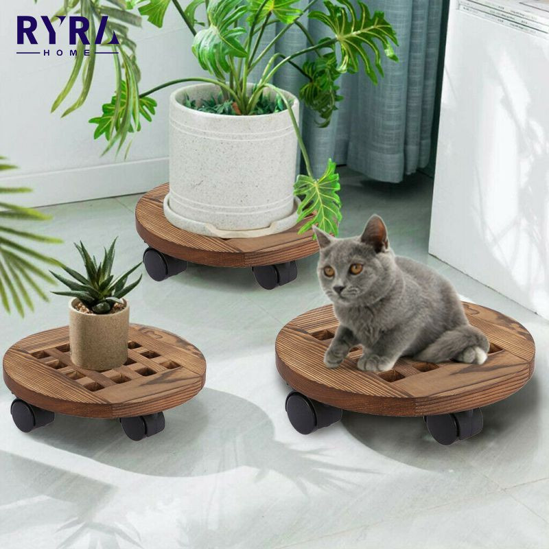 Suport pentru ghiveci pentru flori Caddy, cu roți universale de 14 inch, Suport pentru plante din lemn, Mobil, rotund, Cărucior pentru ghiveci, pentru decorarea casei