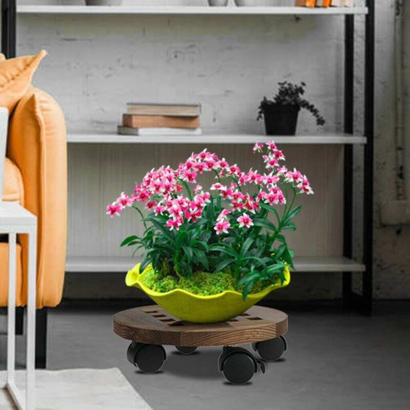 Suport pentru ghiveci pentru flori Caddy, cu roți universale de 14 inch, Suport pentru plante din lemn, Mobil, rotund, Cărucior pentru ghiveci, pentru decorarea casei