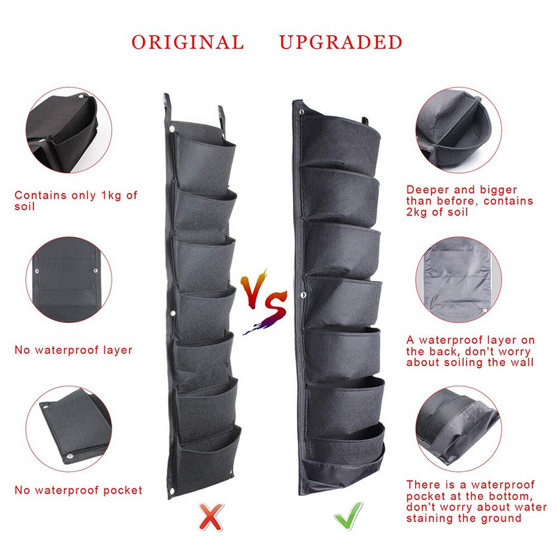 7 buzunare agățat saci de grădină Gow pentru plante verticale impermeabile ghivece de plantat pe perete jardinier negru pentru grădinărit pentru legume