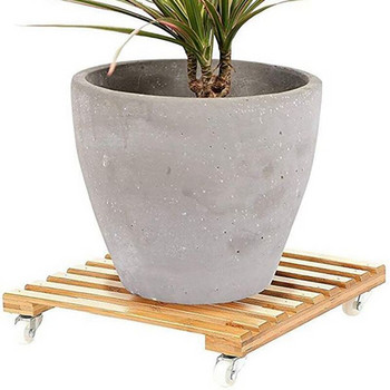 Бамбукова стойка за растения с колела, мобилни ролки за саксии, подходяща за стелажи за съхранение на растения на открито на терасата
