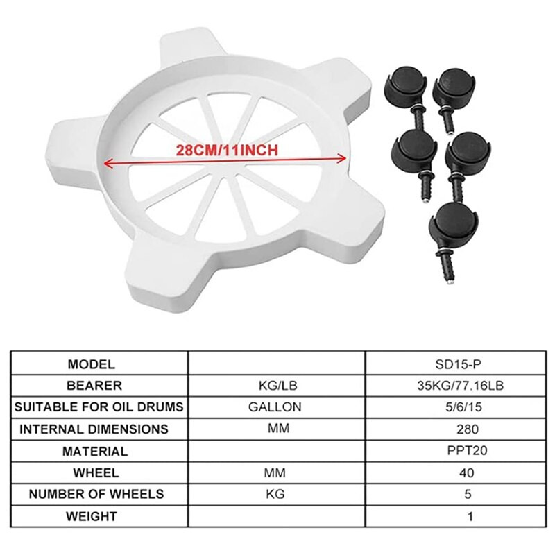 Cărucior de tobă rezistentă de 5 galoane cu 5 roți pivotante Tambur cu o capacitate de 70 lb pentru ghivece și găleți cu diametru de 11 inchi