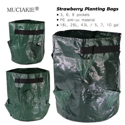 MUCIAKIE Dark Green 5/7/10 Gallon PE Strawberry Planting Bags 3/6/8-Pocket Planter for Growing Fruits Vertical Garden Pouch Bag