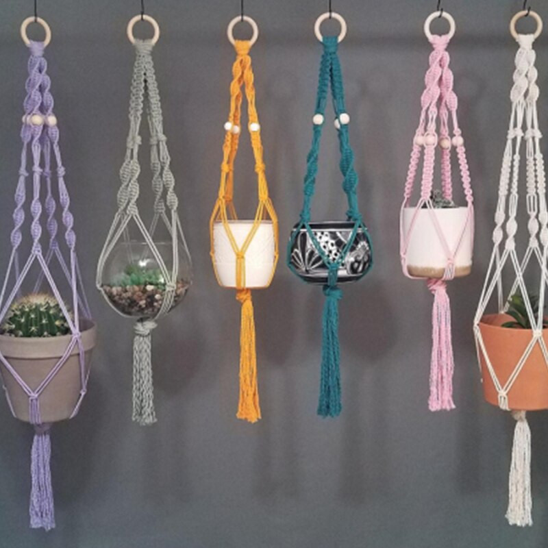 Suport pentru plante Boho macrame colorat, țesut manual, 100% bumbac, cuier pentru ghiveci, coș suspendat pentru plante de interior Bonsai Decor
