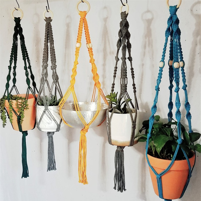 Suport pentru plante Boho macrame colorat, țesut manual, 100% bumbac, cuier pentru ghiveci, coș suspendat pentru plante de interior Bonsai Decor