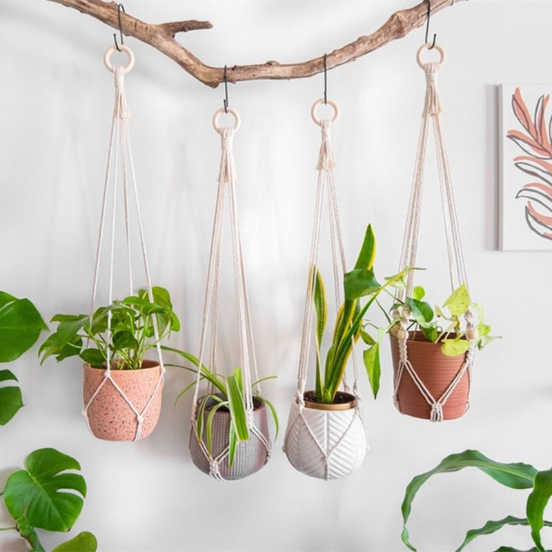 Kézzel készített makramé növénytartó 100% pamut, különböző stílusú virágcserepek akasztós akasztós kosár fali dekorációhoz, udvari kerthez