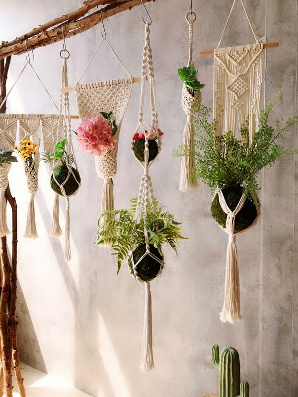 Käsitsi valmistatud makramee lillepoti võrk Vintage rippkorv Taimede riidepuud Puuvillane lillepott ripppott köis Aia rõdudekoratsioon