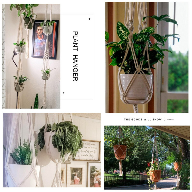 Vânzări fierbinți 100% lucrat manual pentru agățat pe perete din macrame Umeraș pentru plante din macrame Umeraș pentru flori/ghiveci pentru decorarea peretelui Coș suspendat pentru jardinieră