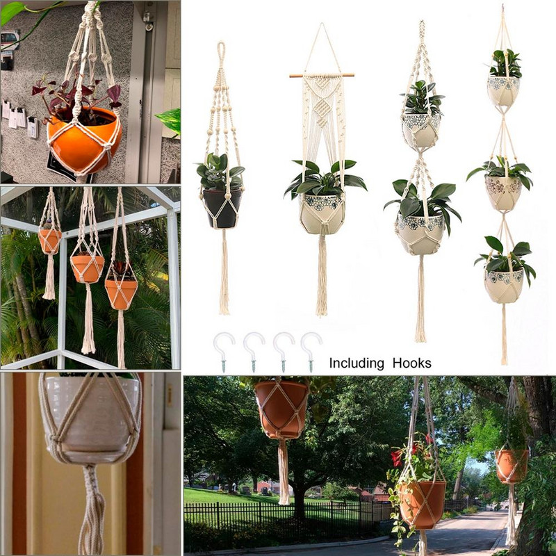 Vânzări fierbinți 100% lucrat manual pentru agățat pe perete din macrame Umeraș pentru plante din macrame Umeraș pentru flori/ghiveci pentru decorarea peretelui Coș suspendat pentru jardinieră