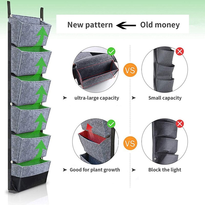 ​Függőleges ültetőtasak, 6 zsebes, falra akasztható kerti virágtartó virágcserepek nagy filctáskák otthoni kerti dekorációhoz