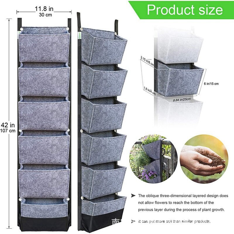 ​Függőleges ültetőtasak, 6 zsebes, falra akasztható kerti virágtartó virágcserepek nagy filctáskák otthoni kerti dekorációhoz