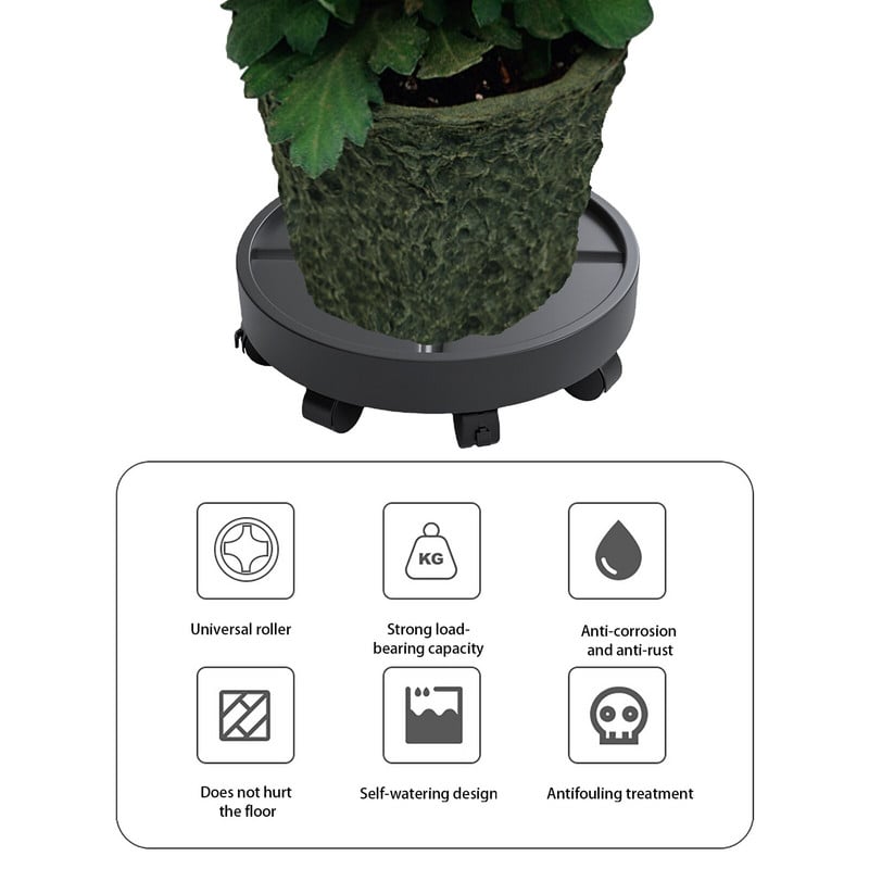 Tavă rotundă pentru ghiveci pentru flori, fier forjat, 8 roți, ghiveci pentru flori, ghiveci, cărucior, suport pentru suport pentru grădină