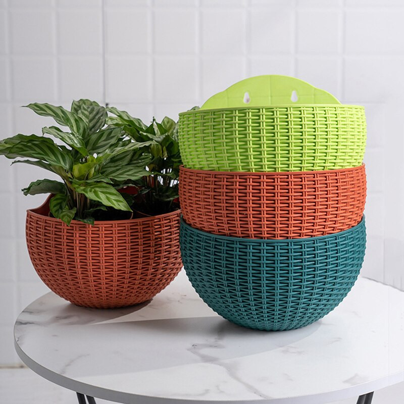 Stil european, imitație de ratan, agățat de perete, ghiveci de flori pe jumătate rotund, ghiveci de flori de perete semicircular, balcon, în aer liber