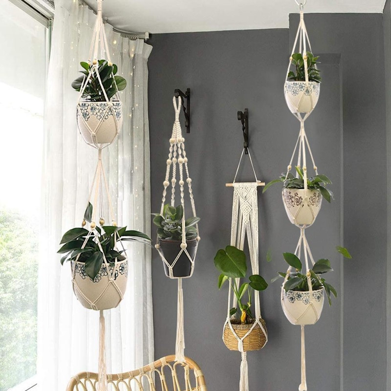 Coșuri cu cuier pentru plante lucrate manual în macrame Suport pentru ghivece pentru balcon Decorat pentru agățat Coarda de ridicare înnodată Accesorii pentru grădină de acasă