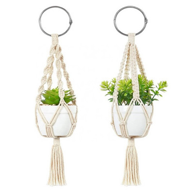 Mini makrame vješalice za biljke za dodatke za automobile Viseći šarm za stražnji pogled Slatki dekor za automobil Boho držač za vješalice Umjetni sukulent