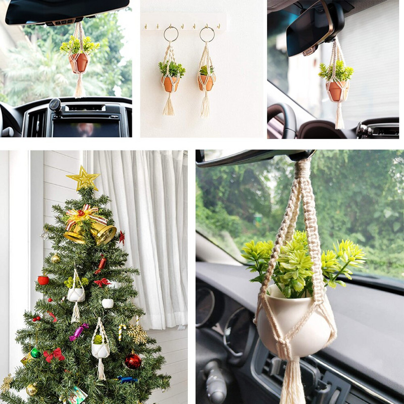 Mini makrame vješalice za biljke za dodatke za automobile Viseći šarm za stražnji pogled Slatki dekor za automobil Boho držač za vješalice Umjetni sukulent