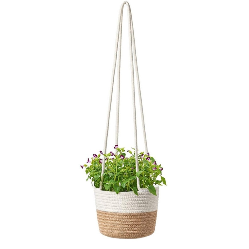 Coș de plante pentru plante agățat țesut manual cu șnur din bumbac din iută, ghiveci de flori pentru interior, macrame, organizator de depozitare pentru decorarea casei