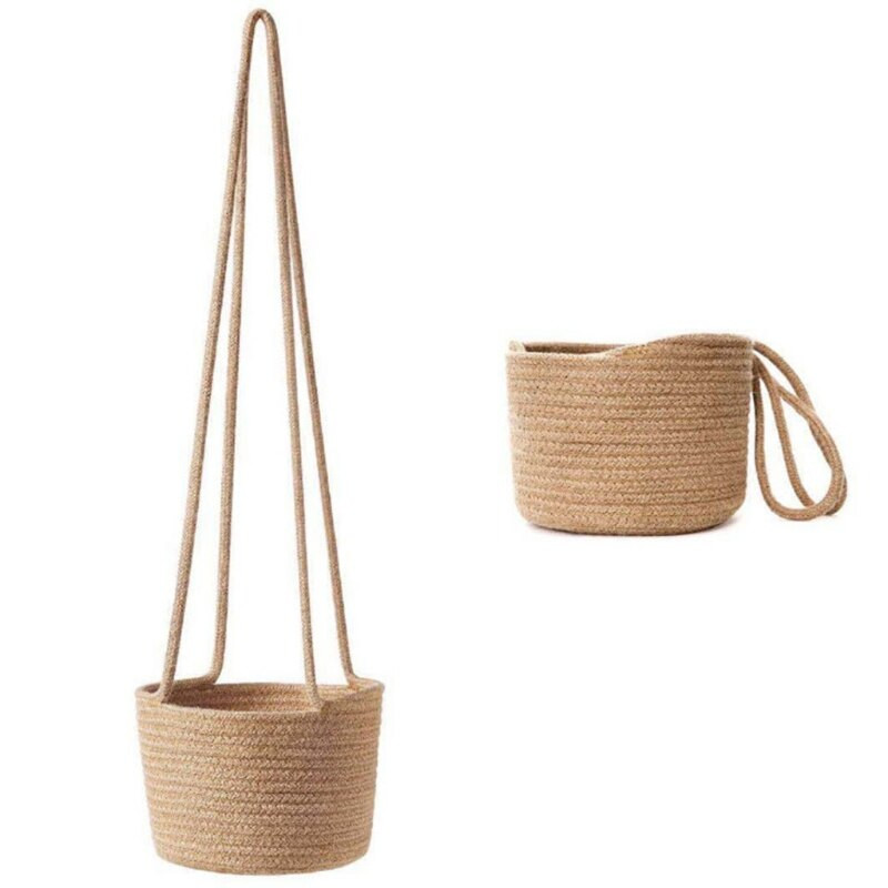 Coș de plante pentru plante agățat țesut manual cu șnur din bumbac din iută, ghiveci de flori pentru interior, macrame, organizator de depozitare pentru decorarea casei