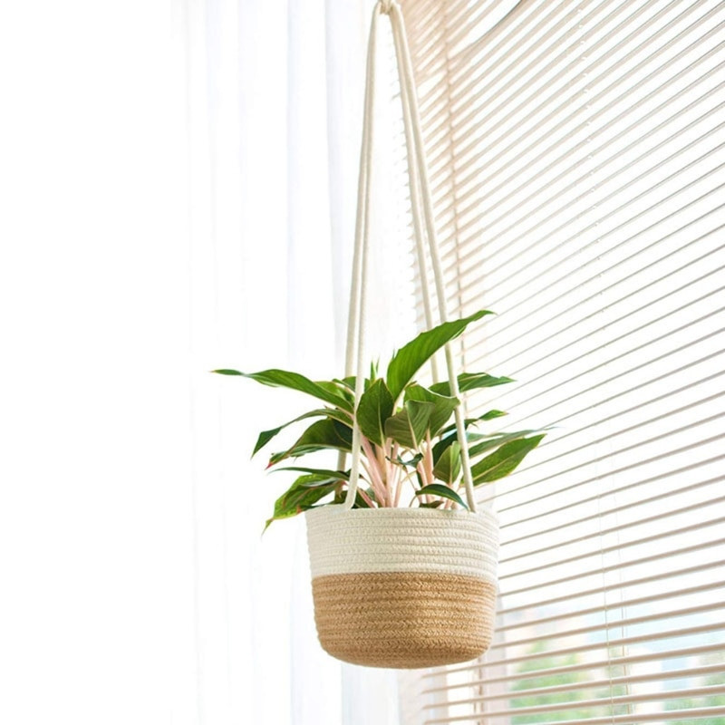 Coș de plante pentru plante agățat țesut manual cu șnur din bumbac din iută, ghiveci de flori pentru interior, macrame, organizator de depozitare pentru decorarea casei