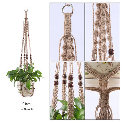 Coșuri cu umeraș pentru plante lucrate manual în macrame Suport pentru ghivece VinBalcony agățat Decorare înnodate frânghie de ridicare Accesorii pentru grădină