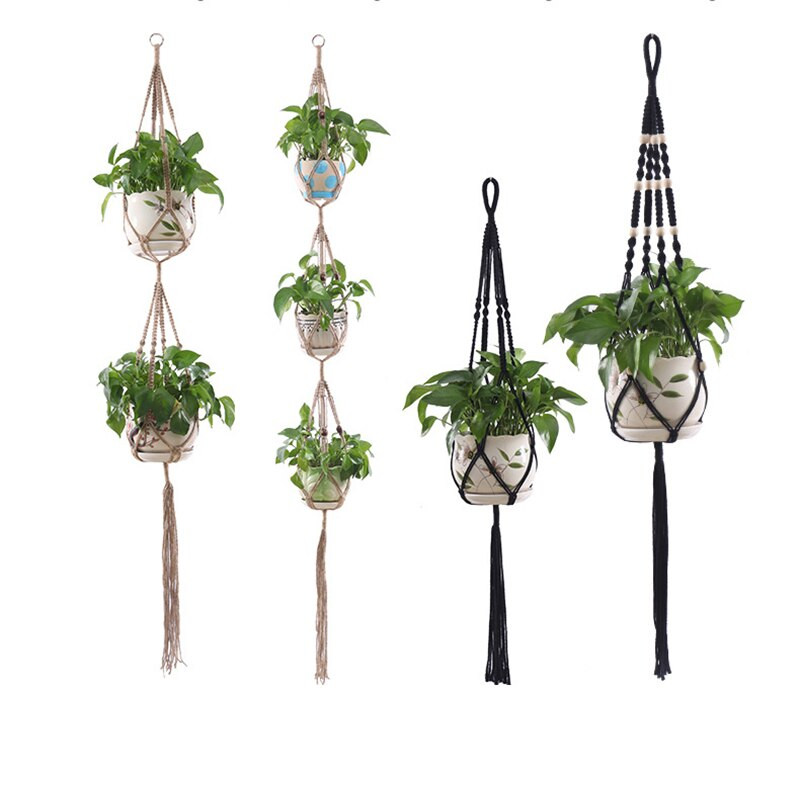 Coșuri cu umeraș pentru plante lucrate manual în macrame Suport pentru ghivece VinBalcony agățat Decorare înnodate frânghie de ridicare Accesorii pentru grădină