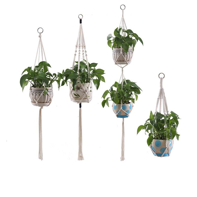 Coșuri cu umeraș pentru plante lucrate manual în macrame Suport pentru ghivece VinBalcony agățat Decorare înnodate frânghie de ridicare Accesorii pentru grădină