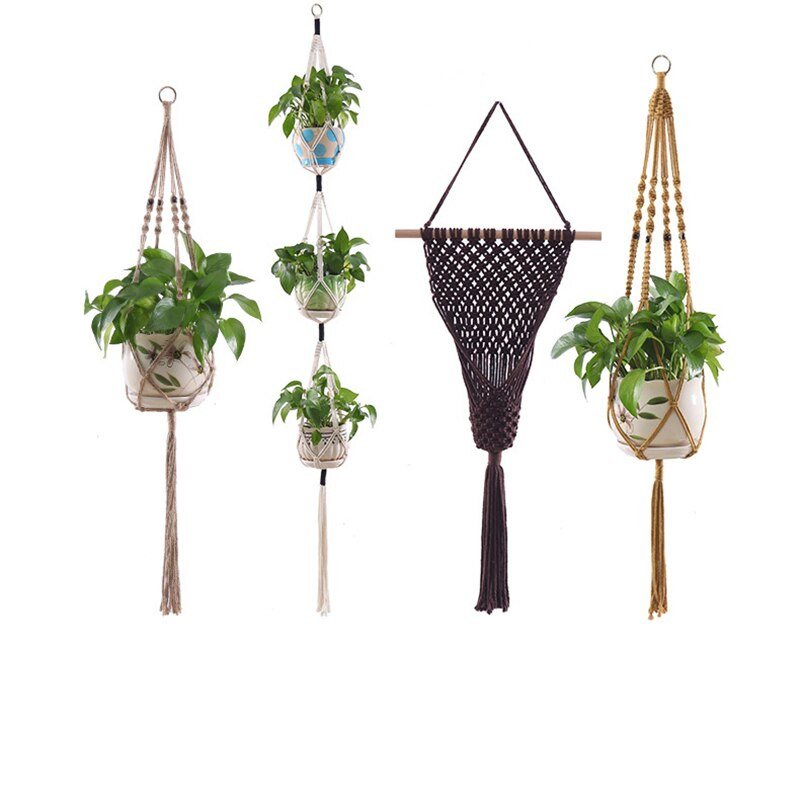 Coșuri cu umeraș pentru plante lucrate manual în macrame Suport pentru ghivece VinBalcony agățat Decorare înnodate frânghie de ridicare Accesorii pentru grădină