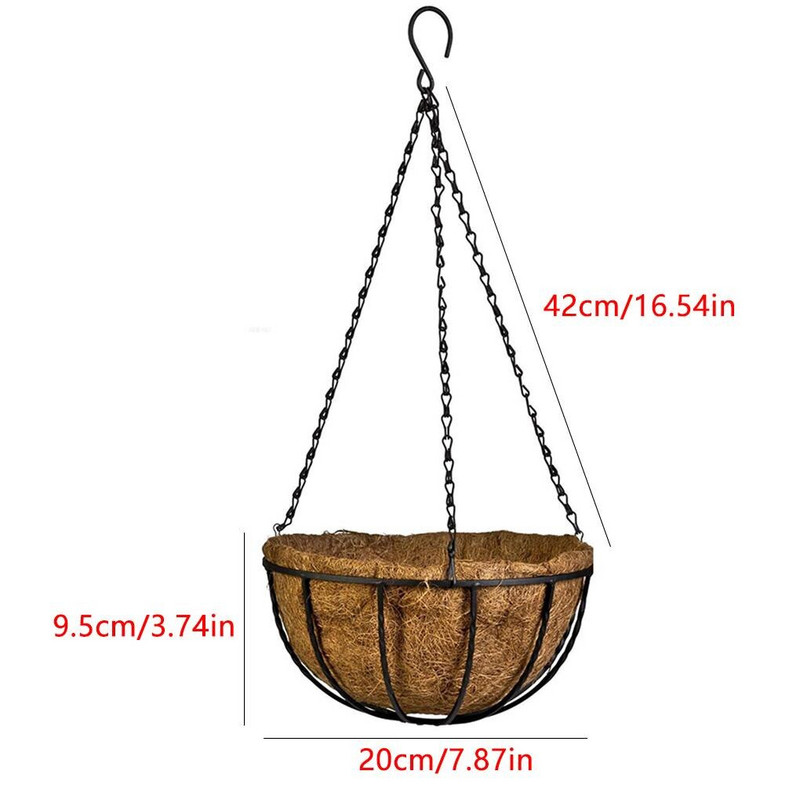 Jardinieră pentru coș suspendat de 8/10 inci Coș de flori suspendat din metal, căptușeală din nucă de cocos naturală, Suport pentru flori din sârmă, Umeraș pentru ghivece