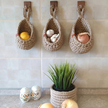 Ръчно тъкани висящи стенни зеленчукови кошници с плодове Кухня Градина Монтиране на стена Растение за цветя Органайзер Контейнер