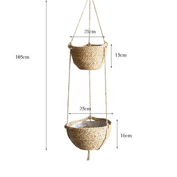 Естествена ръчно тъкана 2-степенна висяща кошница за саксии Ръчно изработена закачалка за растения Декоративна висяща поставка за саксии за саксии за декорация на дома