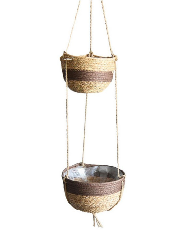 Natūralus rankomis austas 2 pakopų pakabinamas sodinukų krepšelis rankų darbo augalų kabykla Dekoratyvinis pakabinamas vazono laikiklis namų dekoravimui