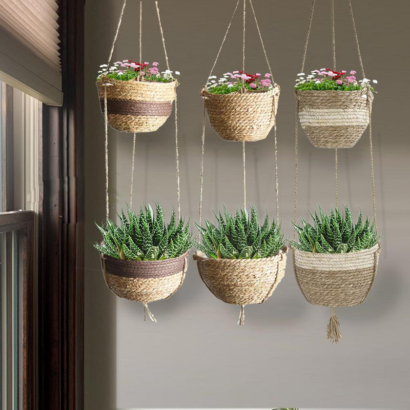 Natūralus rankomis austas 2 pakopų pakabinamas sodinukų krepšelis rankų darbo augalų kabykla Dekoratyvinis pakabinamas vazono laikiklis namų dekoravimui