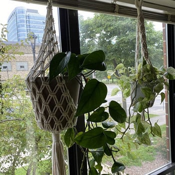 Ръчно изработена макраме Закачалка за растения Саксия Висяща кашпа Кошница Поддръжка за стойки за цветя Стенни закачалки Градина Декорация на балкона