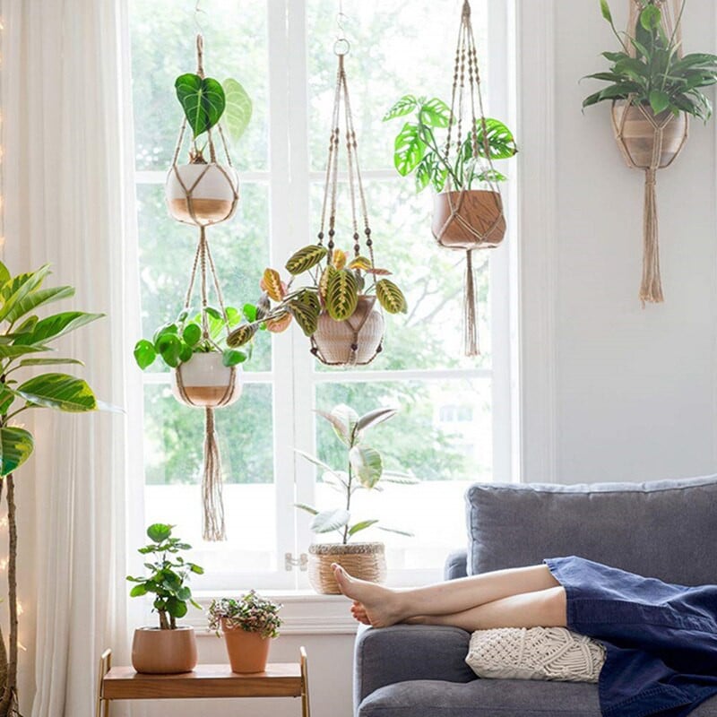 Rankų darbo makramo tinklelis Vintage kabantis krepšelis augalų pakabos Medvilnė vazonas kabantis vazonas Virvė Namų sodo siena kiemo dekoras