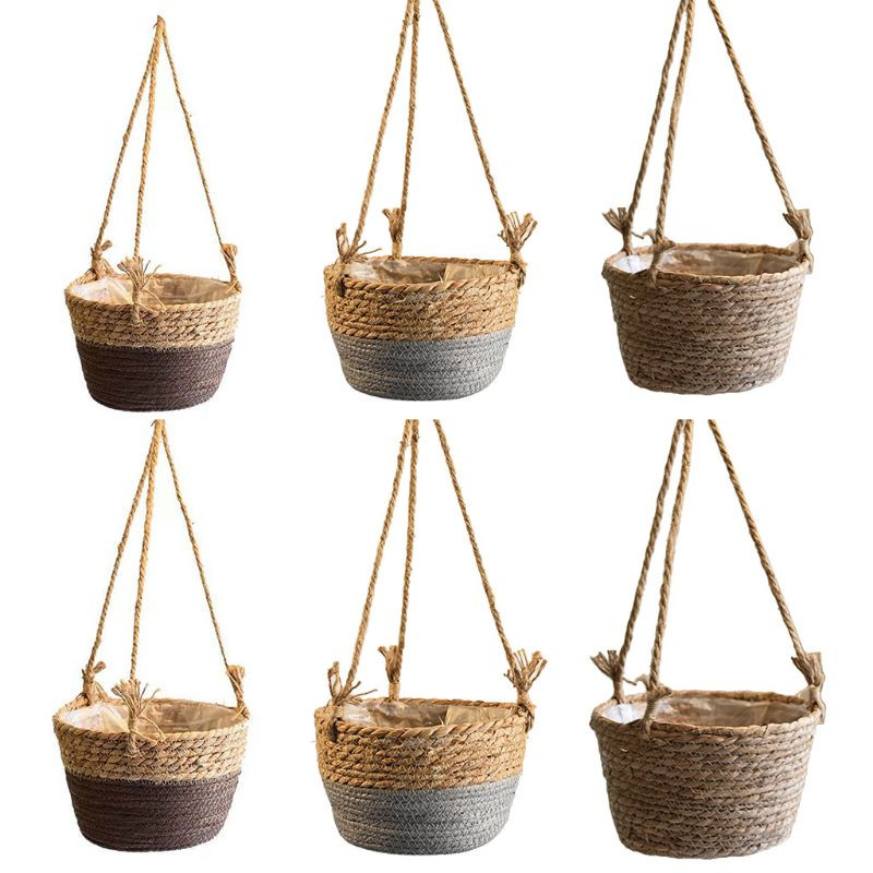 Szőtt rattan függő virágtartó Virágcserep Növény Kosár Tároló Szervező Erkély Kert Otthon Nappali dekoráció Virágkosár
