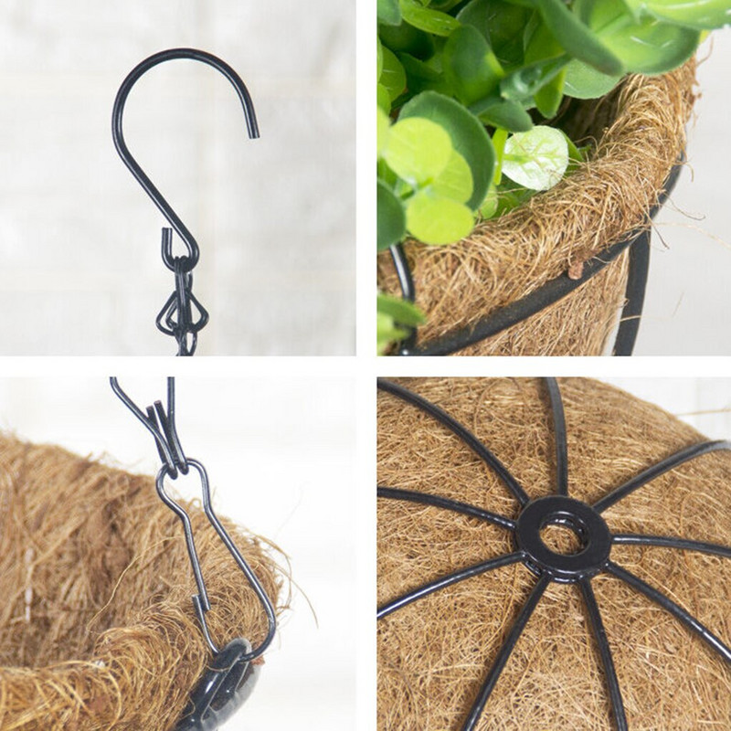 Pakabinamas krepšelis, metalinis su kokoso pluošto įdėklu, viela, gėlių laikiklis, verandos vazonų kabykla - 10 colių