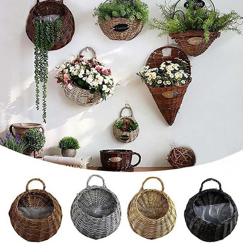 Coș de flori agățat pe perete ghiveci din răchită naturală vază pentru grădină decor pentru perete din rattan container de depozitare coș Ho C3k6