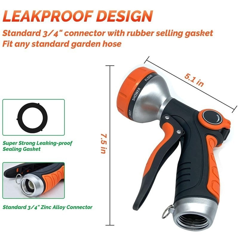 Spălare cu metal de înaltă presiune, pistol de apă, degetul mare din plastic, din aliaj, cu 8 funcții, pistol de apă pentru grădină