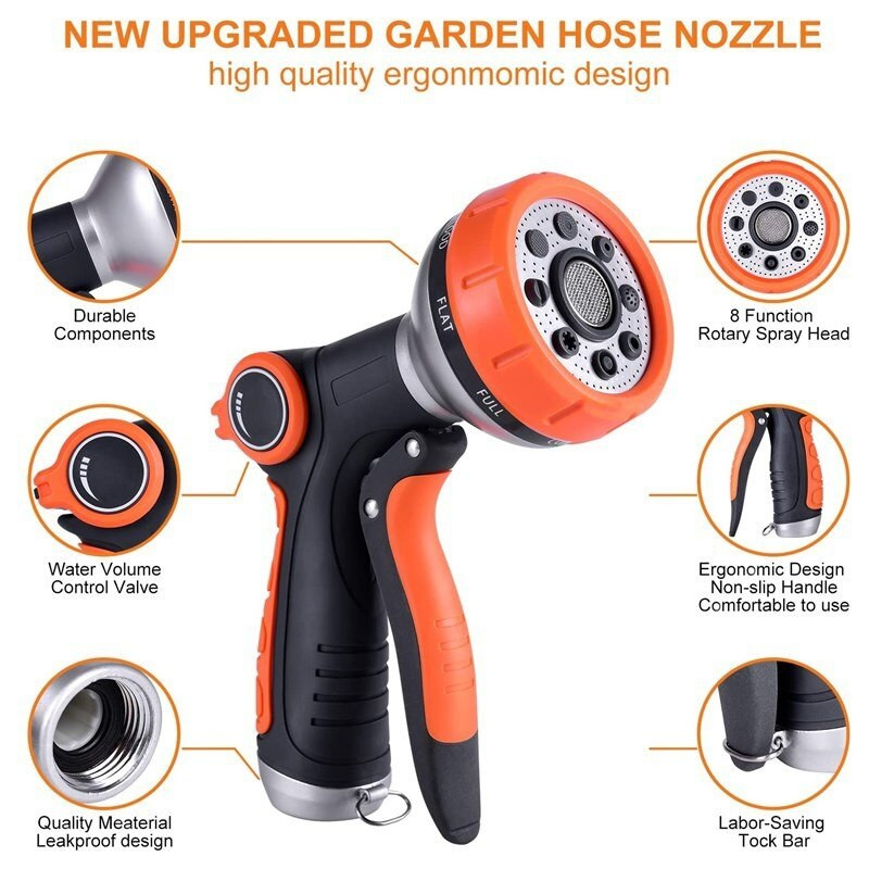 Spălare cu metal de înaltă presiune, pistol de apă, degetul mare din plastic, din aliaj, cu 8 funcții, pistol de apă pentru grădină