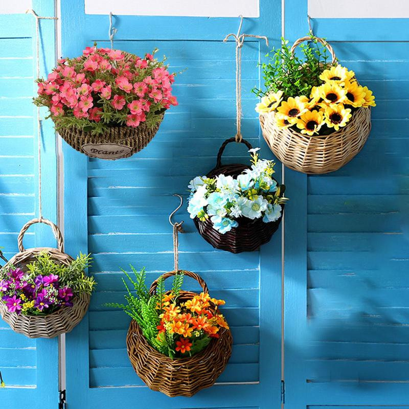 Pakabinamas rankų darbo pintų rotango gėlių krepšelis žalias vynmedžių vazonas, pakabinamas vazos konteineris Sieninis augalų krepšelis sodui