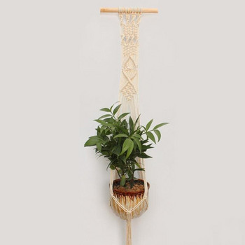 Μακραμέ Κρεμάστρα Φυτών Εσωτερικού Χειροποίητου Πλεκτό Κρεμαστό Ζαρντινιέρα Ξύλινο ραβδί Καλάθι Τέχνη τοίχου