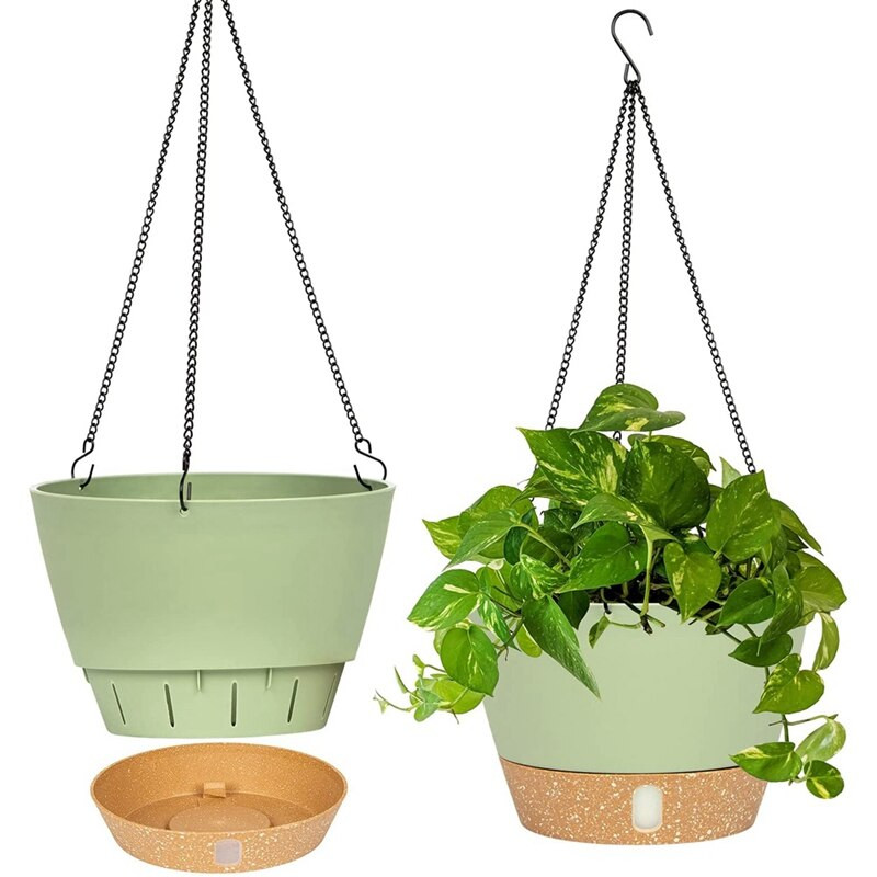 Set de 2 jardiniere suspendate, jardiniere suspendate de 10 inch pentru plante de interior și exterior, ghiveci de flori agățat cu drenaj