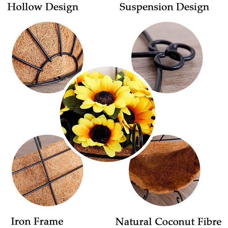 Fém lógó virágtartó kosár kókuszrosttal, falra szerelhető huzal növénytartóval beltéri, kültéri kerti verandához (4 csomag)