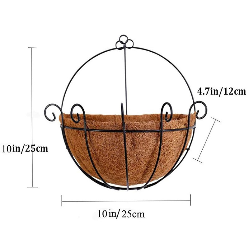 Fém lógó virágtartó kosár kókuszrosttal, falra szerelhető huzal növénytartóval beltéri, kültéri kerti verandához (4 csomag)