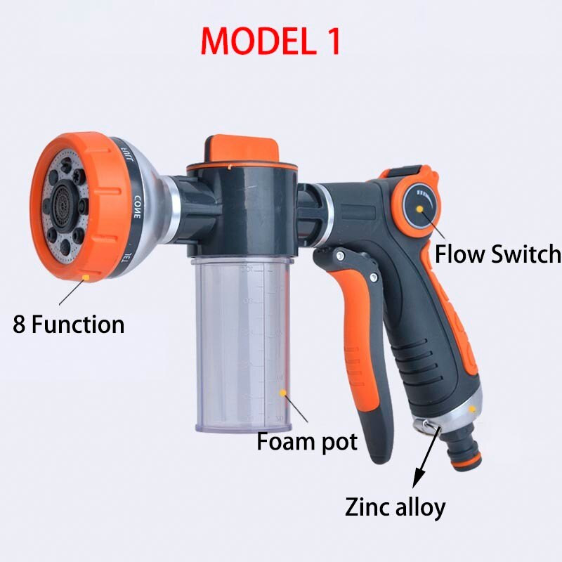Pistol de apă cu lance cu spumă, cu 8 funcții, duză de înaltă presiune, cu jet de grădină, pulverizator de spălat cu apă pentru mașină, cu instrument de curățare a oală de spumă