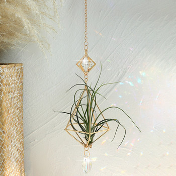 Златен висящ държач за въздушни растения Tillandsia Air Plants Hanger Geometric Himmeli Air Fern Display Planter with Crystal Home Decor