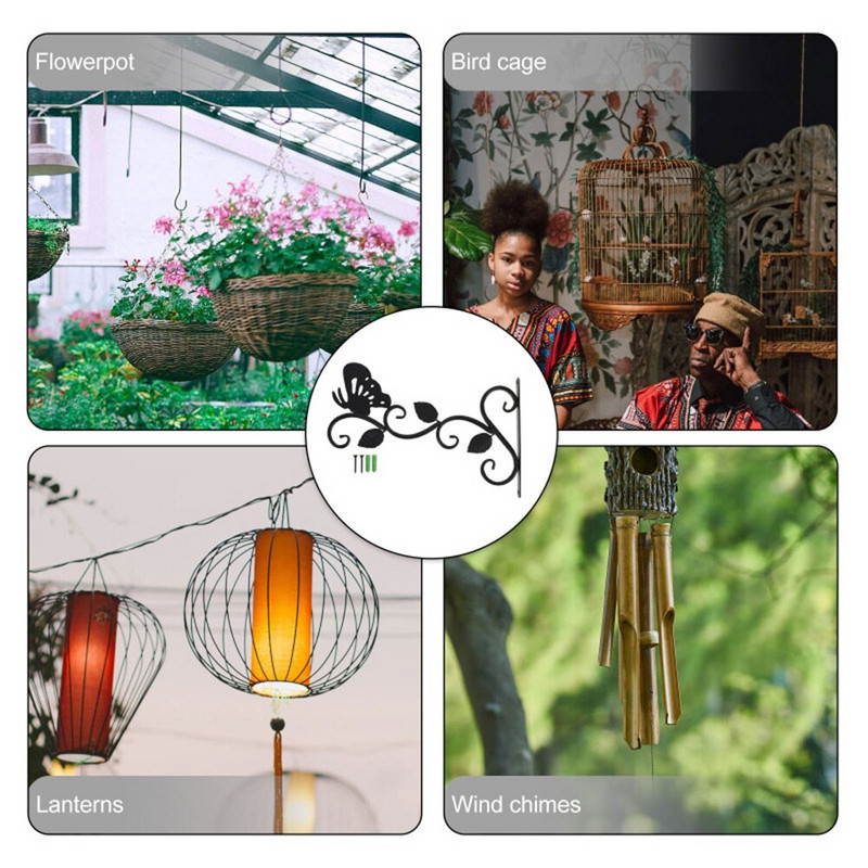 Coș de plante cu ghiveci suspendat din metal, cu cârlig cu clopoțel de vânt drăguț pentru curte, balcon, accesorii pentru decorarea casei