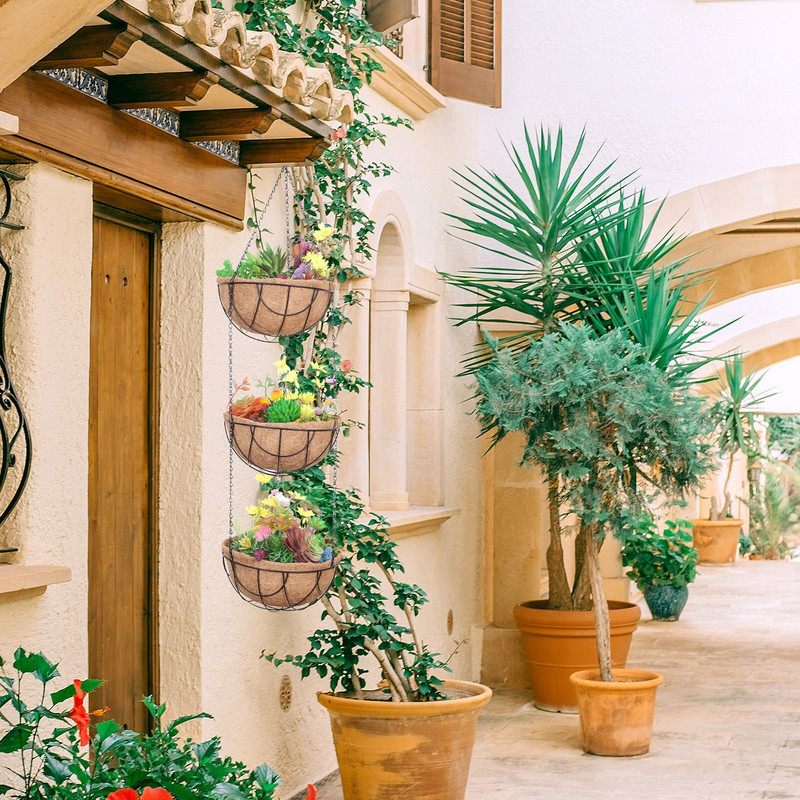 Coșuri agățate din sârmă metalică Sârmă metalică pentru plante cu trei straturi de căptușeală din nucă de coco Coșuri de udat de grădină pentru terasă, grădină în aer liber